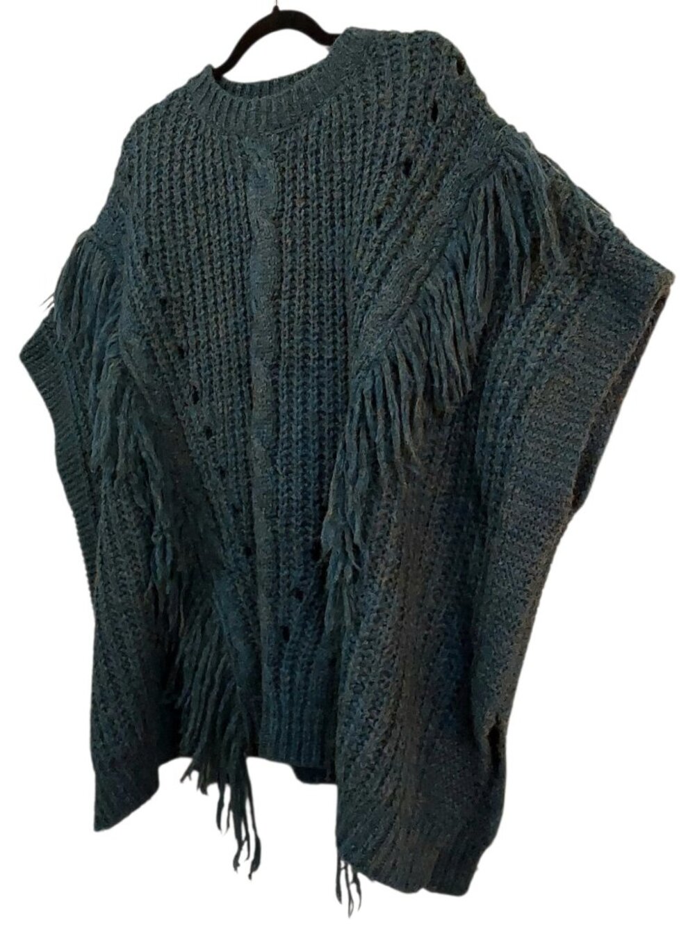 Anthropologie Fringe Cable Knit Poncho Sweater Marled Teal Oversized Boho - OS - Picture 5 of 10